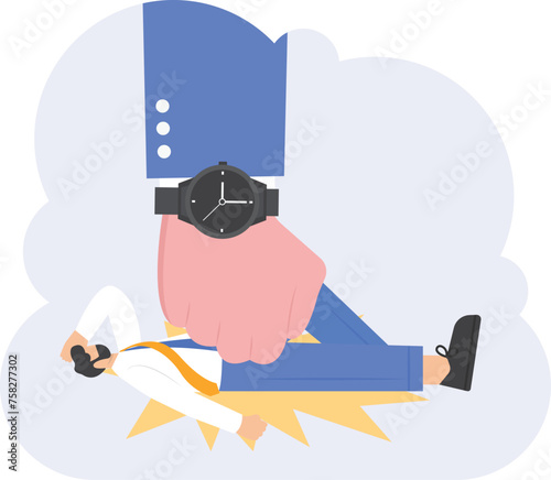 Businessman pinned on the floor by huge hand boss with big clock, vector illustration cartoon

