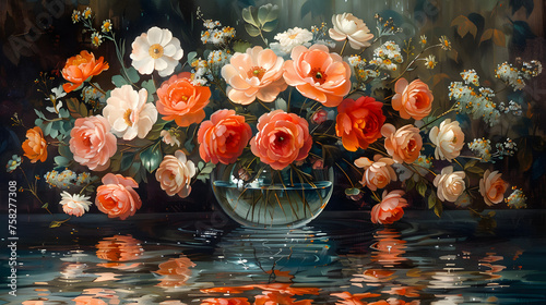 A stunning display of various colorful flowers in a glass vase reflected on a water surface, embodying tranquility and beauty