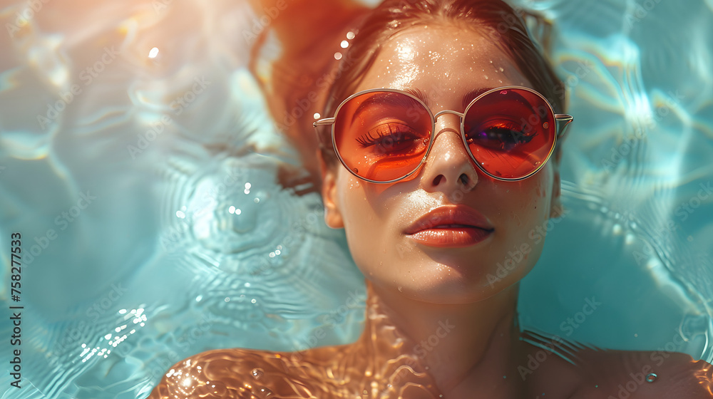 A reflection in the sunglasses of a woman lying in a sparking pool creates a captivating summer image