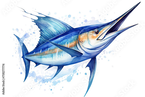 background blue white watercolors marlin a fish cute photo