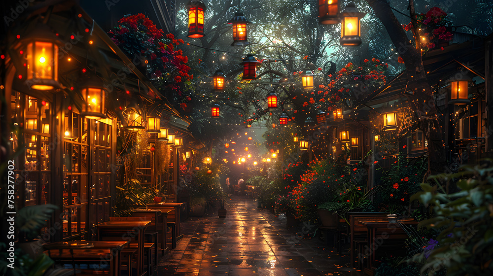A romantic illustration of an enchanting evening down a blooming flower-lined street with glowing lanterns