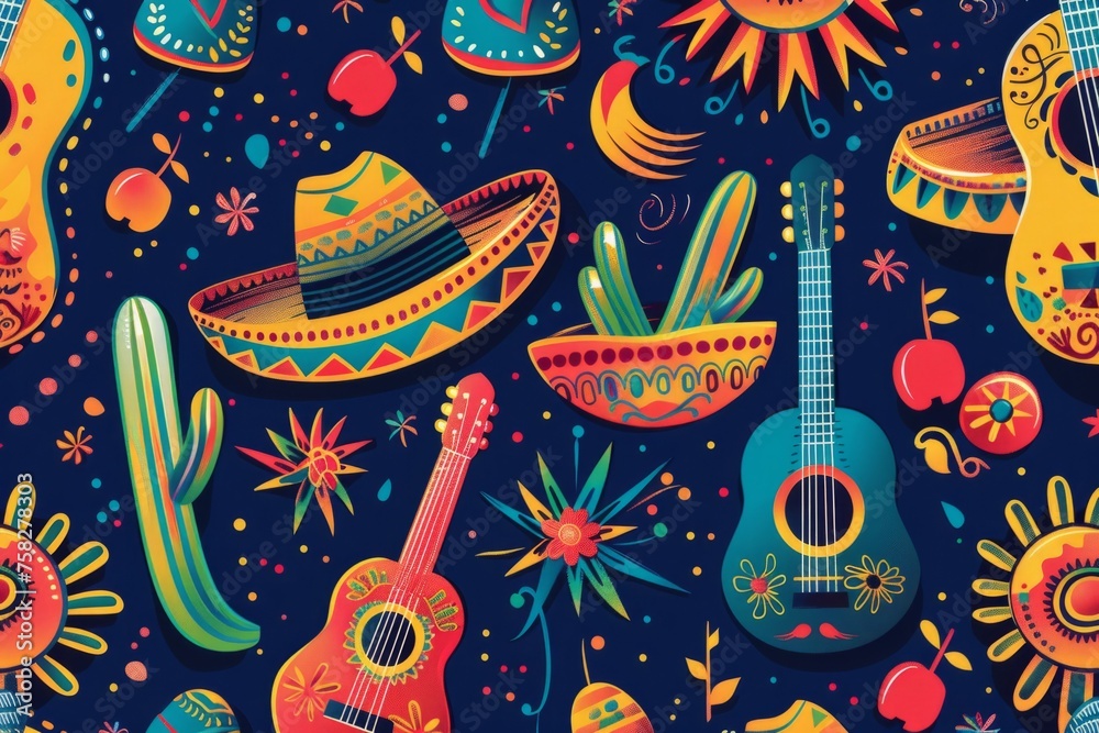The design is playful with the motifs arranged to create an atmosphere of celebration for Cinco de Mayo or fiesta party themes Generative AI