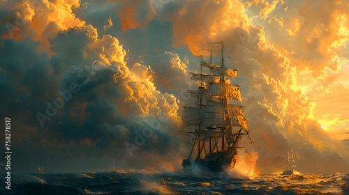 A majestic sailing ship battles fierce winds amidst a sea of dramatic, stormy golden clouds at sunset