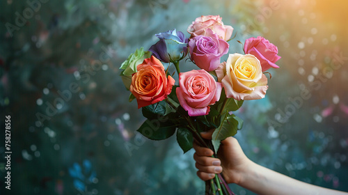 mão segurando um buquê de rosas coloridas, orgulho LGBT, photo