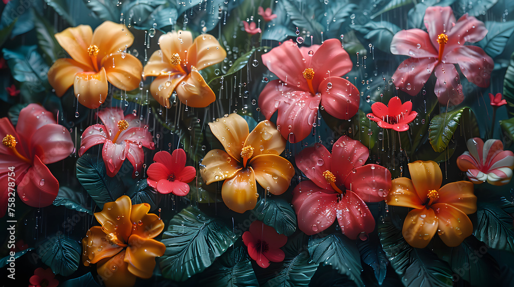 custom made wallpaper toronto digitalClose-up of radiant tropical flowers with glistening raindrops on dark green leaves
