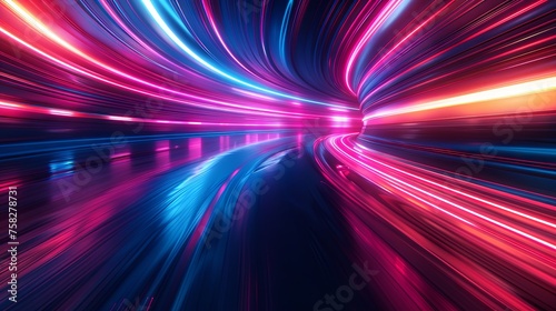 Vibrant pink and blue neon lights streak across the image, conveying a sense of high-speed motion and futuristic technology. 