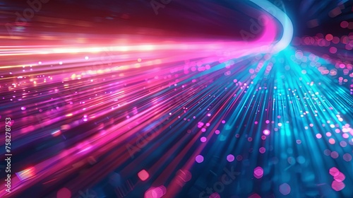 Vibrant pink and blue neon lights streak across the image, conveying a sense of high-speed motion and futuristic technology. 