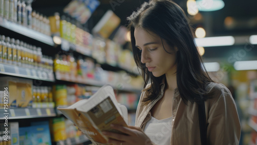A thoughtful young woman examines a product label carefully in a supermarket aisle.