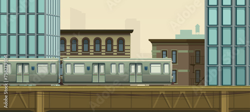 Cityscape with skyscrapers, apartment buildings, metal bridge with a moving subway train. Office buildings, city architecture, old buildings with fire escape, public transport.Vector illustration.