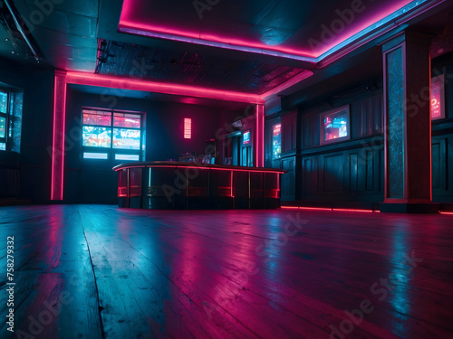 Neon Lit Empty Nightclub with Dance Floor. An empty nightclub with vibrant neon lights and a spacious dance floor, copy space, template for background design.