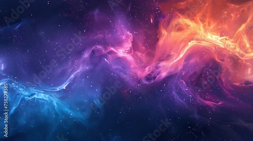 An abstract cosmic nebula swirls with vivid pink, purple, and blue hues, resembling a dynamic space scene.