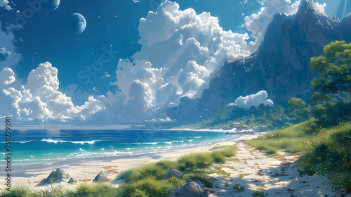 A captivating beach landscape with white sands, clear waters, under a sunny sky with fluffy clouds and distant mountains
