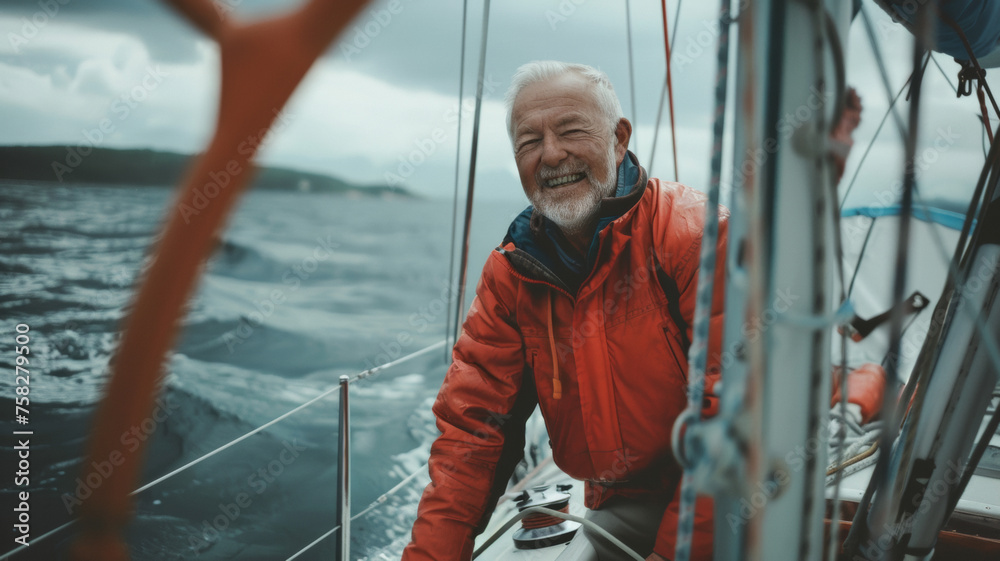 Elderly sailor with a warm smile guiding a sailboat, embracing the sea life.