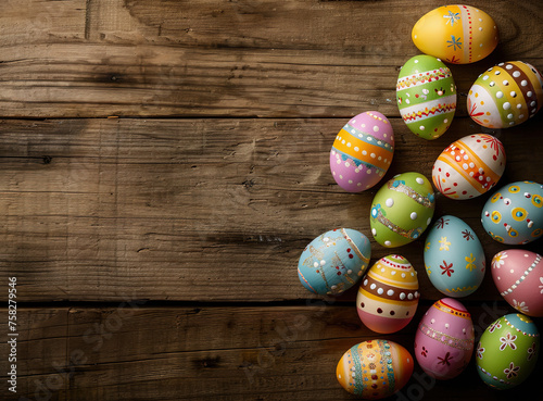 Colorful Easter eggs on wooden background with copy space, top view