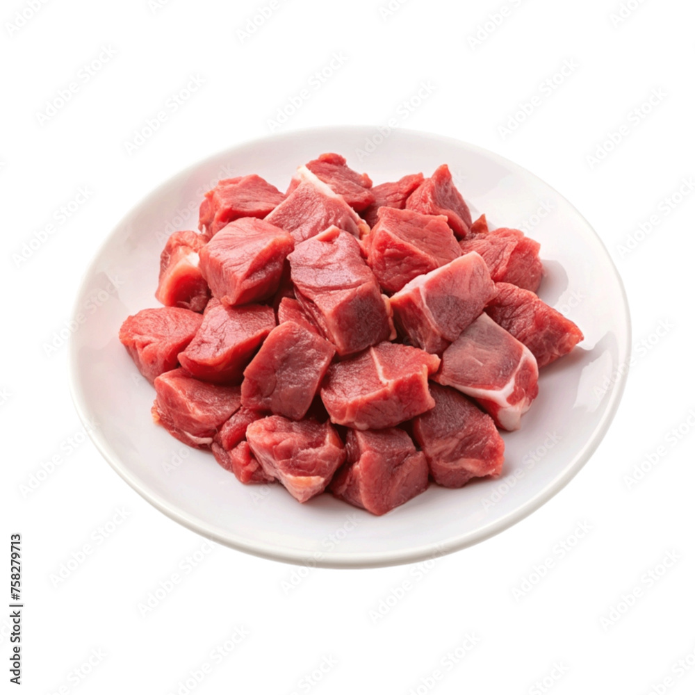 Plate with pieces of raw beef meat isolated on Transparent background. Plate with pieces of raw beef meat isolated on Transparent background.