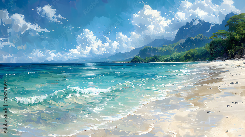 A painterly interpretation of a beach scene with expressive brush strokes in vibrant colors