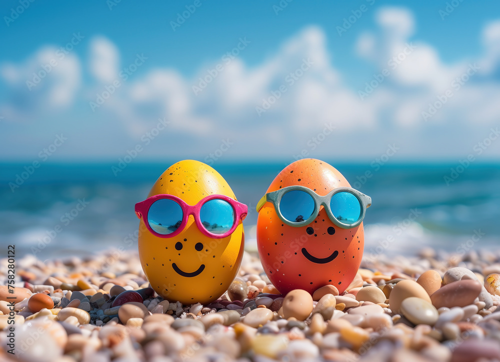 colored eggs with sunglasses on beach