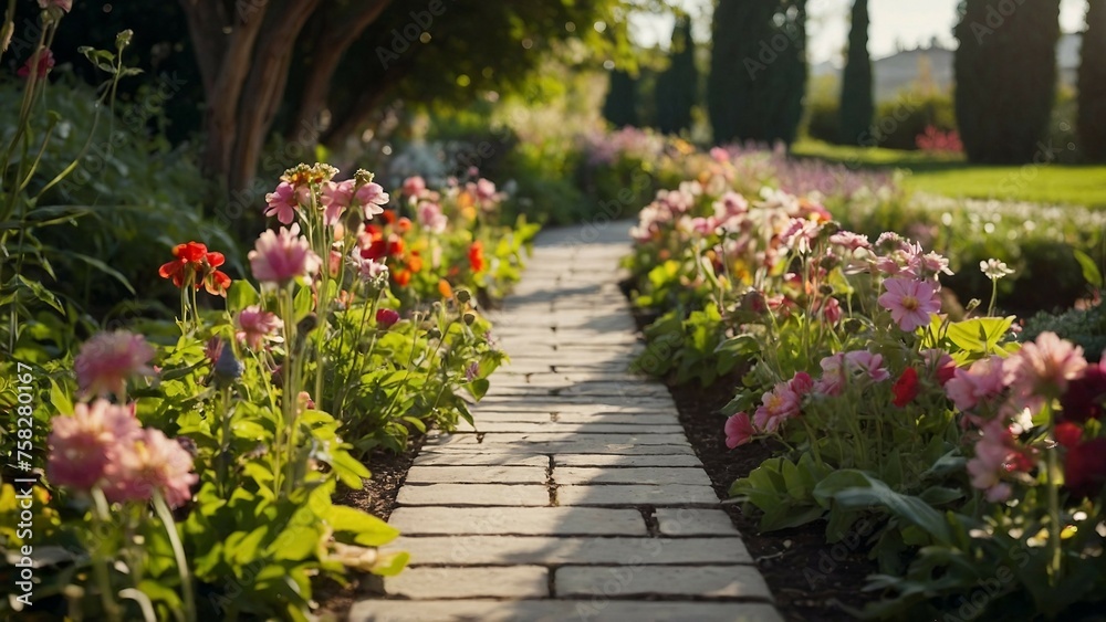 Flower garden and stone paved walkway,low angle shot Flower garden and stone paved walkway,low angle shot