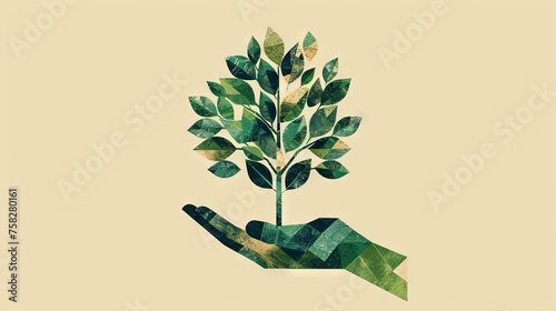 Conceptual artwork of a hand holding a young tree with a warm sun in the background symbolizing growth and care.