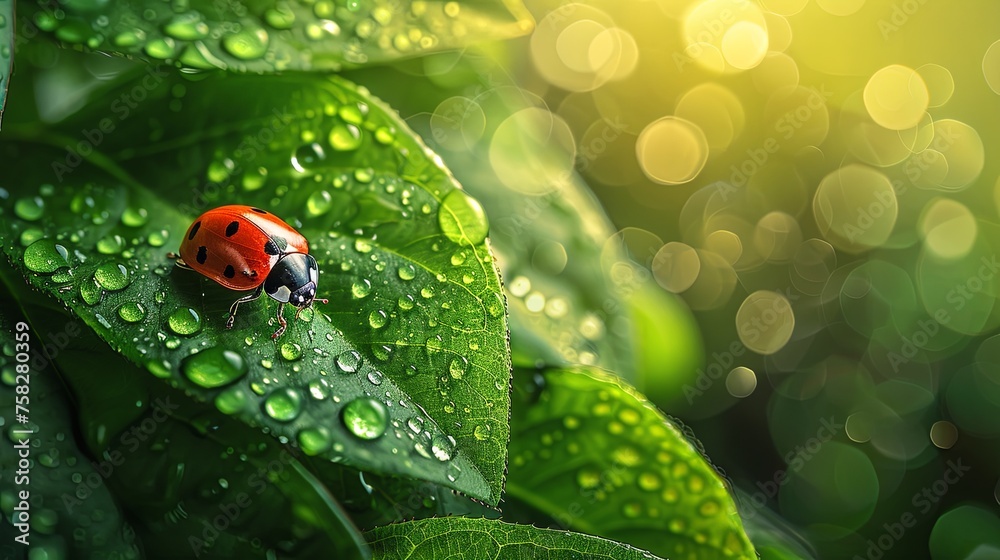 A bright red ladybug explores a green leaf dotted with fresh morning dew, highlighted by a sunbeam. A bright red ladybug explores a green leaf dotted with fresh morning dew, highlighted by a sunbeam.
