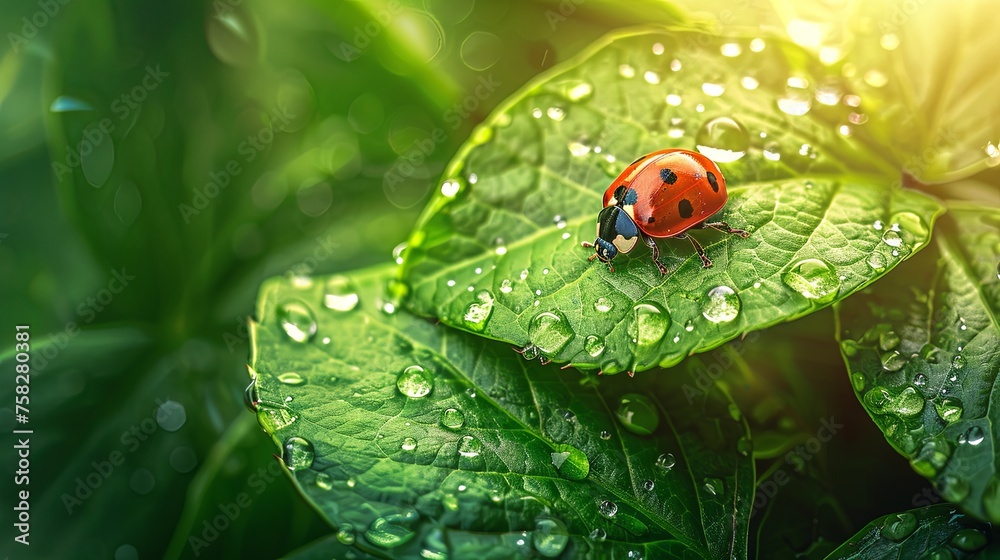 Fototapeta premium A bright red ladybug explores a green leaf dotted with fresh morning dew, highlighted by a sunbeam.