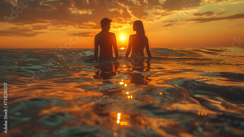 A romantic scene with a couple in the sea  the sun setting between them  symbolizing love and intimate connection