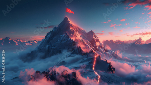 Glowing path leading to success concept with flag on peak of mountain.
