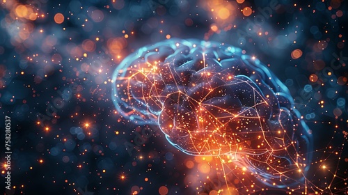 Digital illustration of a human brain with glowing neural connections in a cosmic environment, symbolizing complex thought processes.