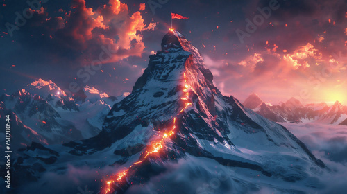 Glowing path leading to success concept with flag on peak of mountain.