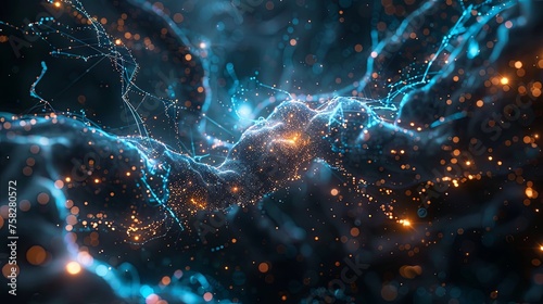 An abstract representation of a neural network with electric blue lights and dynamic energy sparks on a dark background.