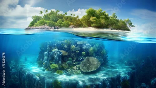 Tropical island in the sea and water line with beautiful corals and plants and algae underwater photo