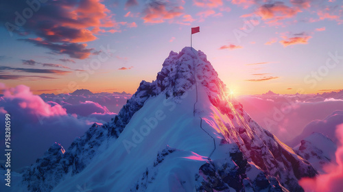 Glowing path leading to success concept with flag on peak of mountain.
