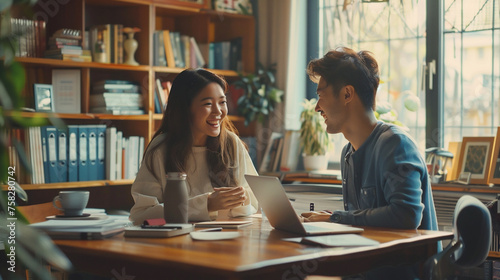 Happy couple doing business together working at small office.