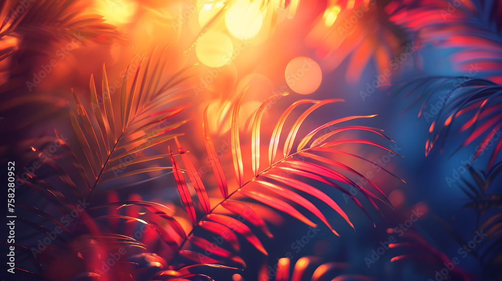 A dreamy close-up of tropical palm leaves illuminated by a warm, golden light creating an inviting, summery feel