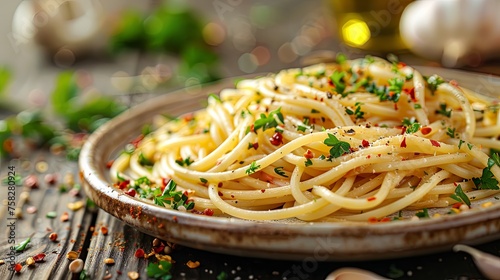 Traditional spaghetti aglio e olio with garlic, olive oil, and parsley, served on a rustic plate with a wood table background.
