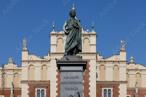 Adam Mickiewicz Monument in front of Cloth Hall located at Main Square in the Old Town, Krakow, Poland