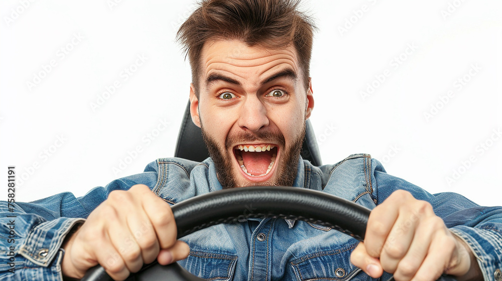 homem segurando o volante isolado, expressão engraçada, promoção para tirar carta de habilitação de motorista  - obrazy, fototapety, plakaty 