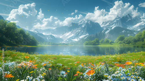 Surreal beauty of a valley with wildflowers, overlooking a clear mountain lake with pristine water and majestic mountains in the distance