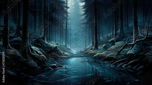 Night dark scene cold water forest view.