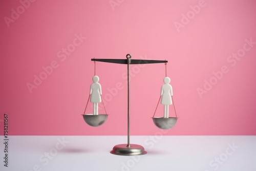 A gender parity concept with white figures on a balance scale. Gender Parity Concept on Balance Scale photo