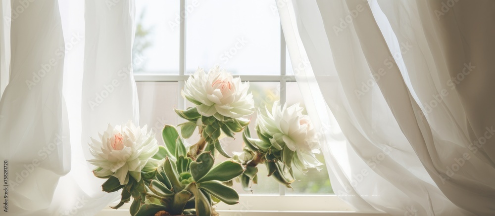 Cereus cactus plant by a white curtain on a windowsill. Cereus cactus plant by a white curtain on a windowsill.