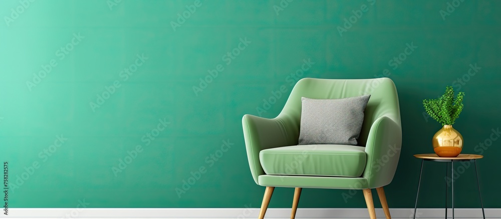 A green chair made of wood is placed in front of a green wall in the house. The flooring is a rectangular shape and complements the furniture - obrazy, fototapety, plakaty 