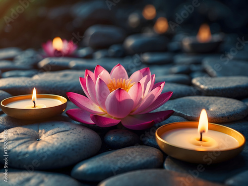 Zen stones with a candle and lotus flower background design. 