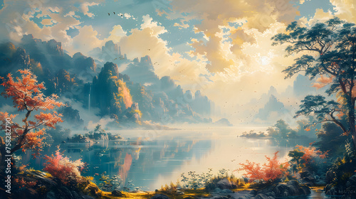 A serene, ethereal landscape depicting a misty, autumnal scene with a lake, orange trees, and mountains in the background