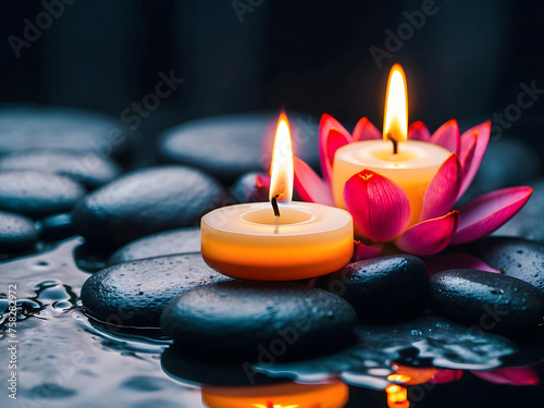 Zen stones with a candle and lotus flower background design. 