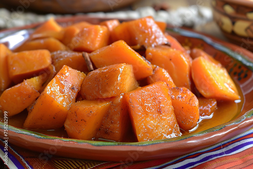 A plate of camotes enmielados, a traditional Mexican dessert made with sweet potatoes that are cooked in a syrup made from piloncillo (unrefined cane sugar), cinnamon, and cloves. photo