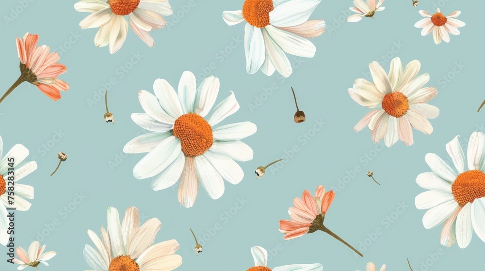 Summer Floral pattern with chamomile flower over blue background.