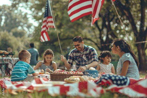 A family of five is sitting on blankets in the park, eating and enjoying each other's company with American flags