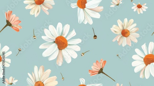 Summer Floral pattern with chamomile flower over blue background. photo