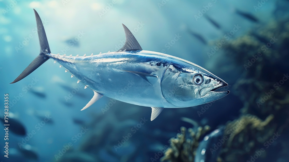 Obraz premium Tuna swim in clear ocean water. A fish of the mackerel family. Generated AI